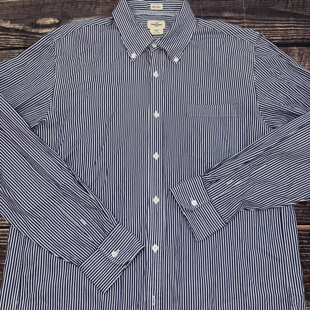 Etiqueta Negra Button Down Dress Blue White stripe Long sleeve Sz L Poplin 80/2 - Picture 2 of 7